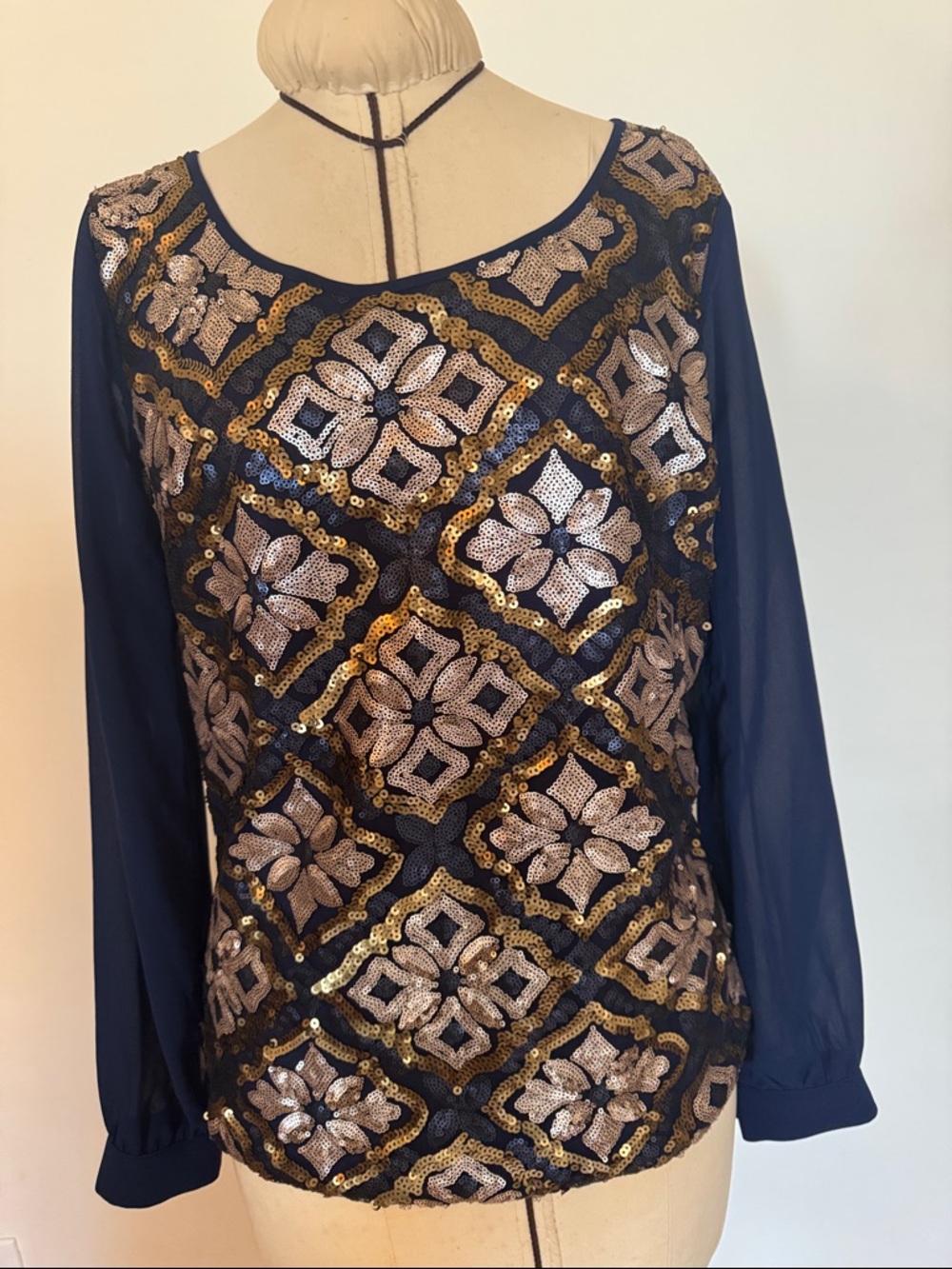 miami Navy Blue Sequin Embellished Long Sleeve Blouse